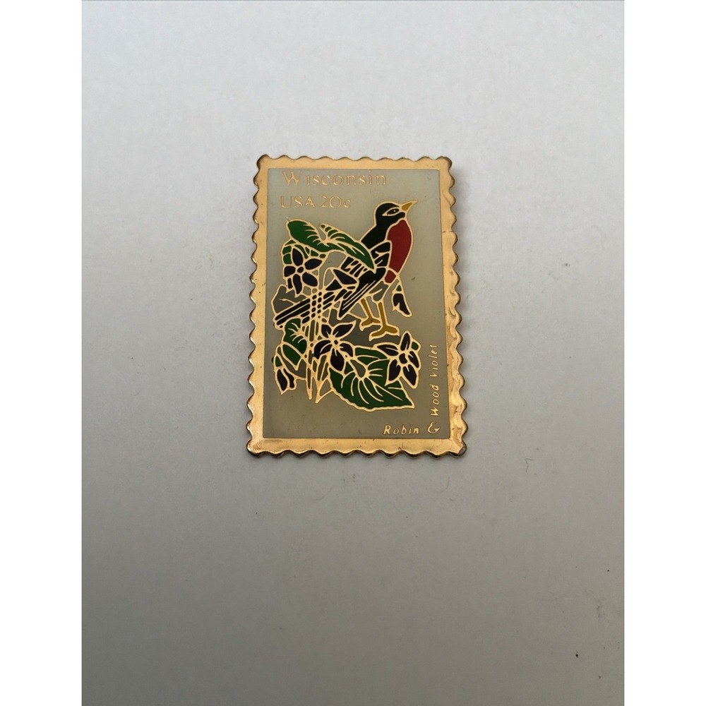 USPS Wisconsin Postage Stamp Lapel Pin Robin Wood Violet Brooch Winco
